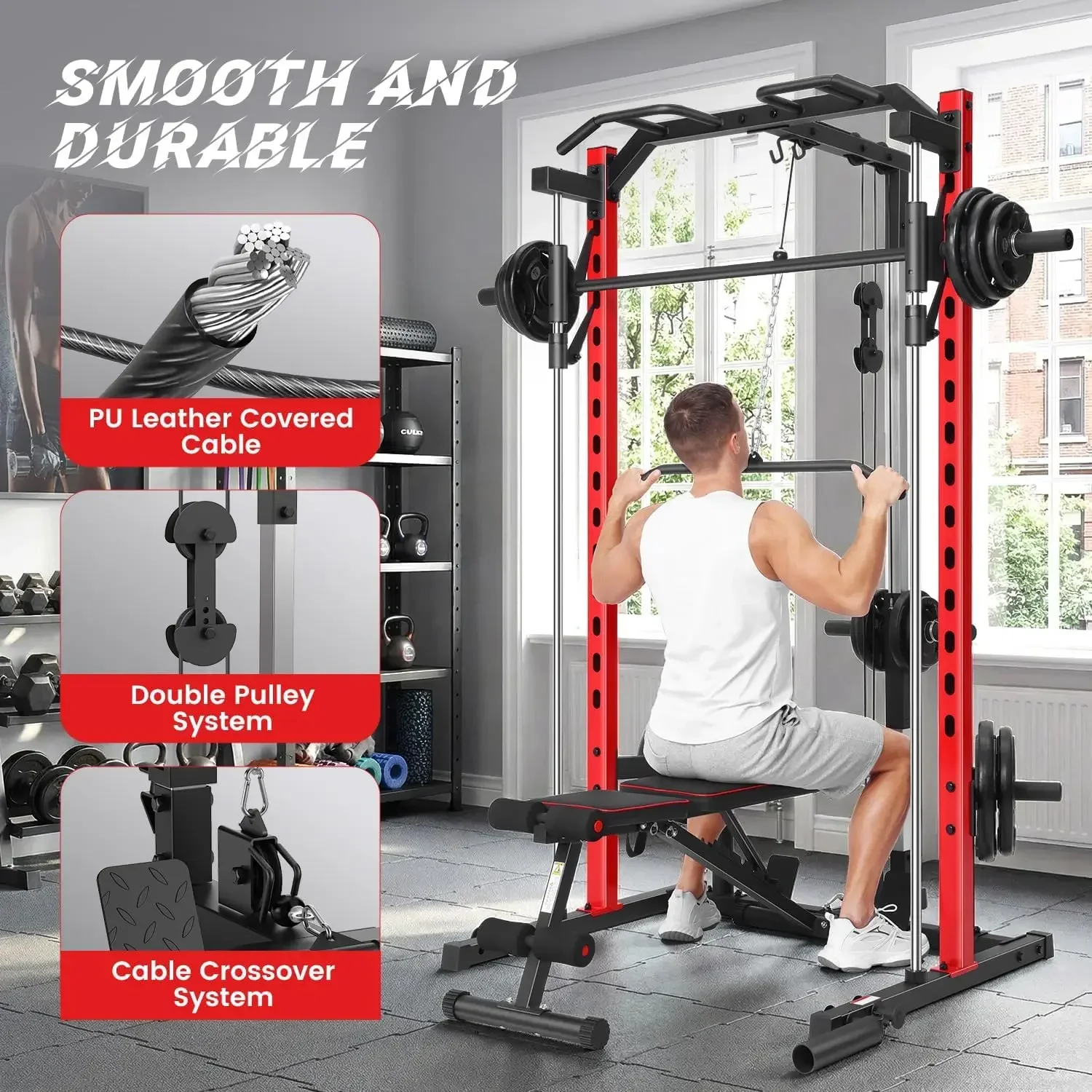 All in One Smith Machine, 1400LBS Multi-Functional Smith Machine Home Gym, Squat Rack with LAT-Pull Down System, Power Rack with