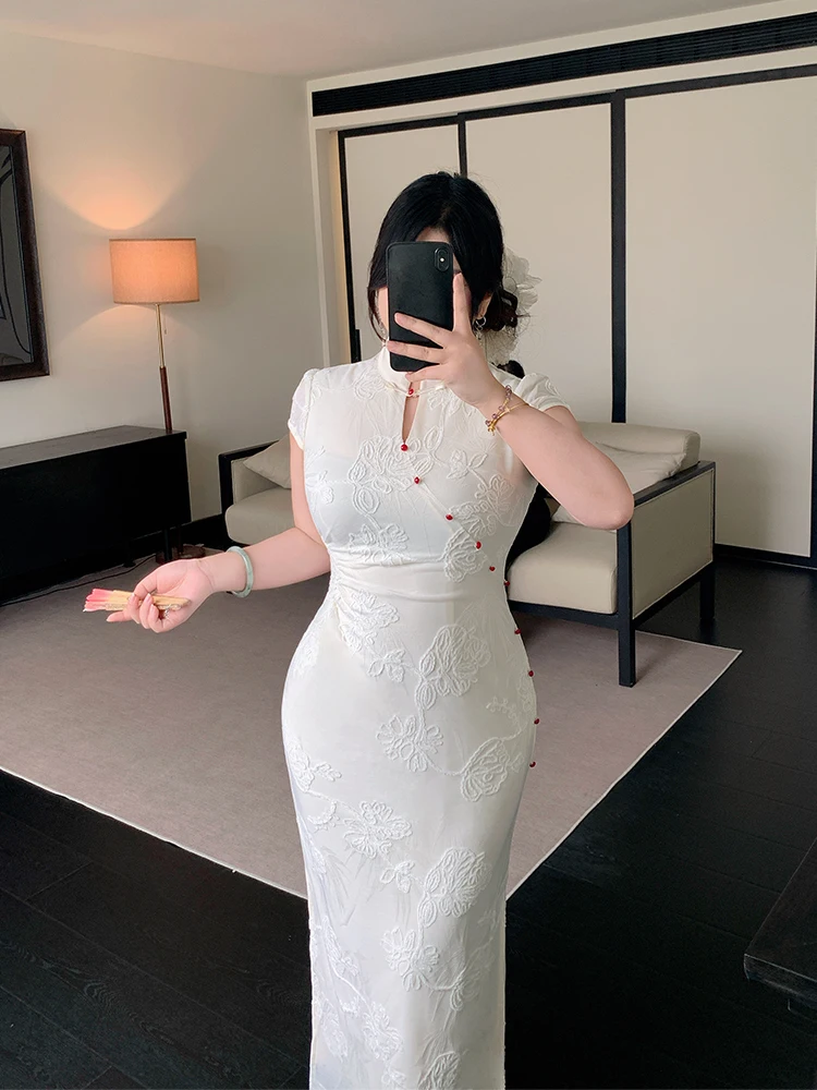 

New Chinese Style Wedding Dress plus Size Women's Fit And Flare High Waist Floral Embroidery Slimming Midi Dress