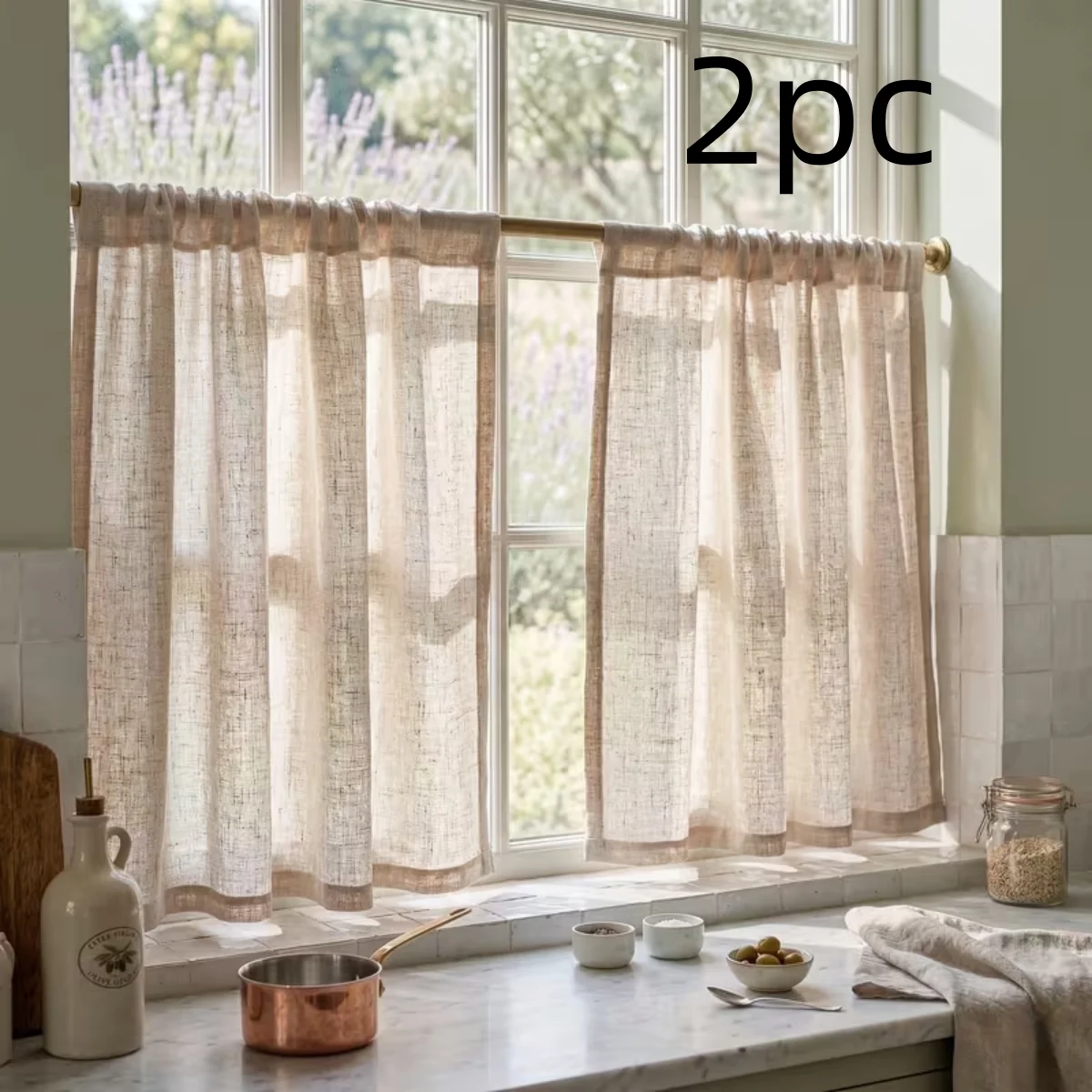 2PC  Light taupe linen short sheer, raw woven texture for study small windows