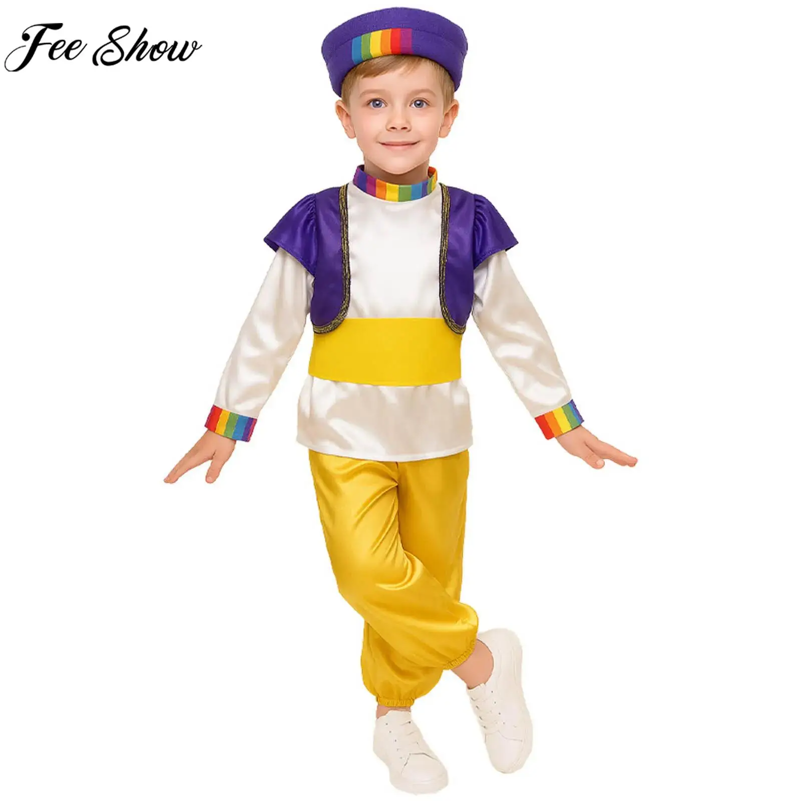 

Kids Boys Halloween Fairy Tale Arabian Prince Cosplay Costume Tops with Vest Pants Hat Belt for Carnival Theme Party Masquerade