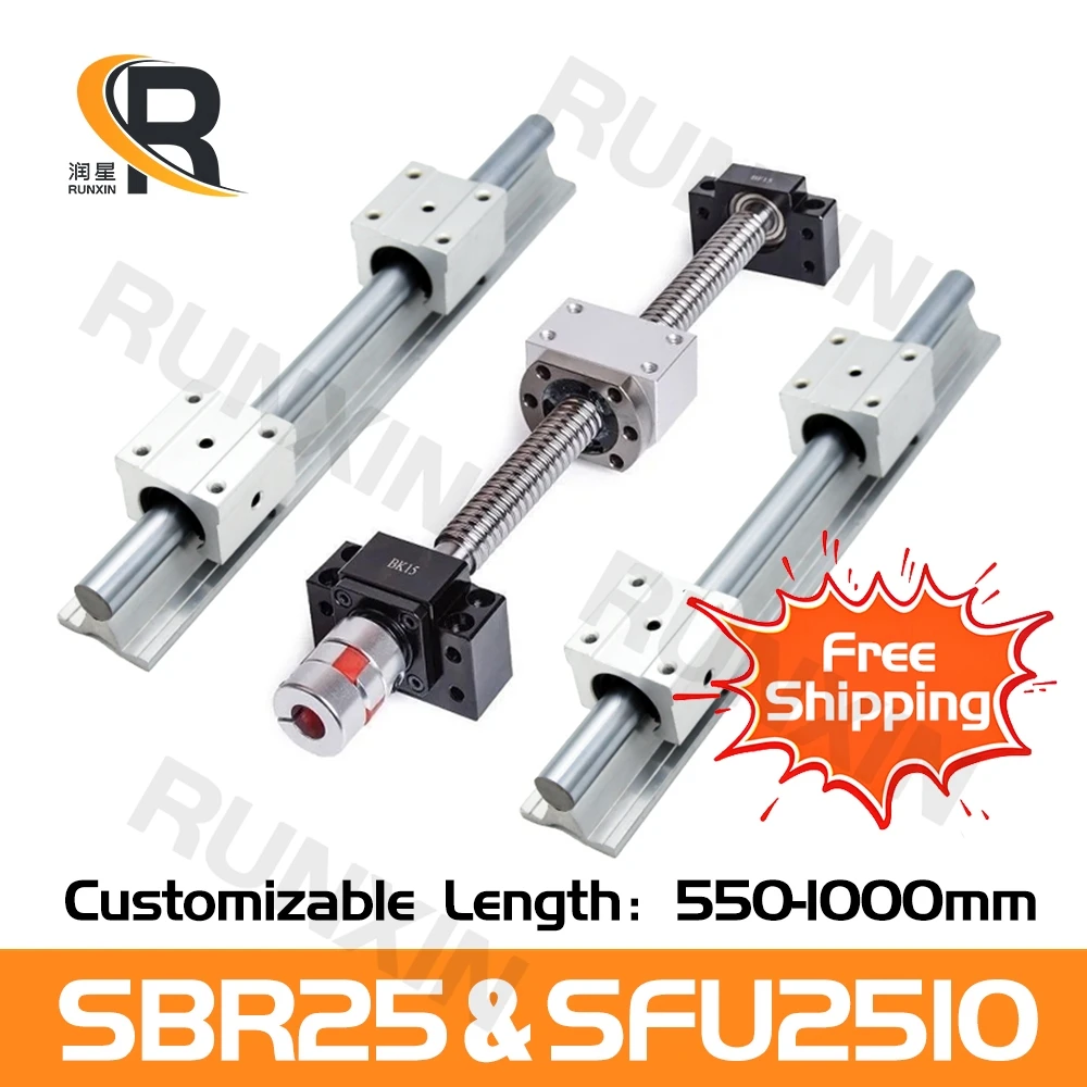 

RXTNC 550-1000mm ball screw kit 2pcs SBR25 Linear Guides with 4pcs SBR25UU slider blocks+1 Kit SFU2510 for CNC Router Engraving