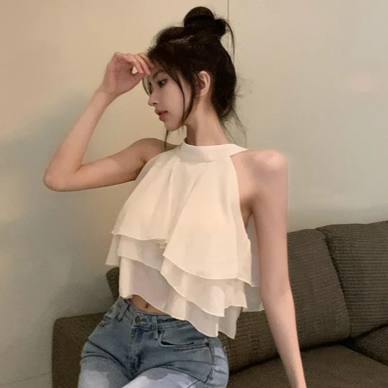 Women\'s Camisole Korean Version Chiffon Shirt Tank Tops Solid Color Halter