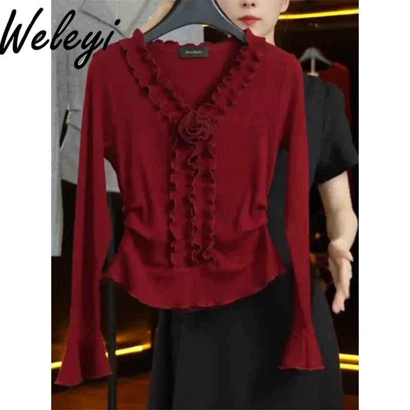 

Women's Three-dimensional Rose Ruffled Red Shirt Autumn 2024 New Large Size Woman Lace V-Neck Long Sleeve Top Blusas Femininas