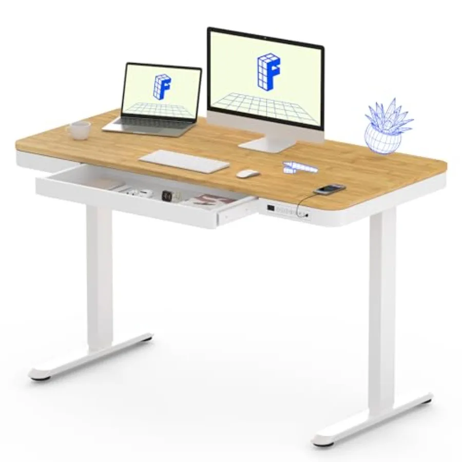 

Comhar Electric Standing Desk with Drawer Desktop and Adjustable Frame w/USB Charge Ports Bamboo-Look Laminate/White Wood