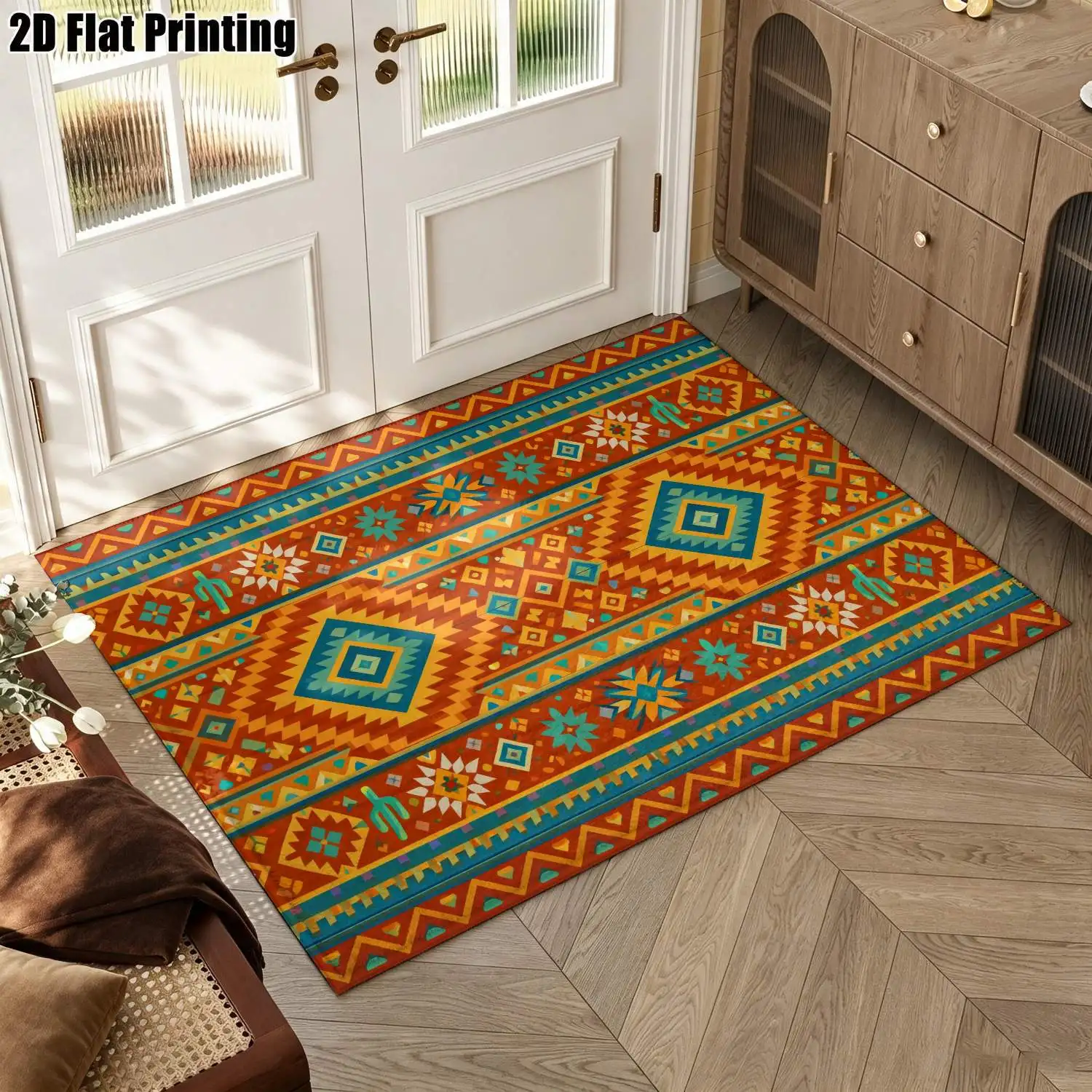 1Pc 2D Printed Carpet: Orange Blue Geometric Flower Bohemian Vintage European Style, Machine Washable, Multi-Size, for Home Decor, Entrance/Dining Room/Living Room/Bedroom Mats
