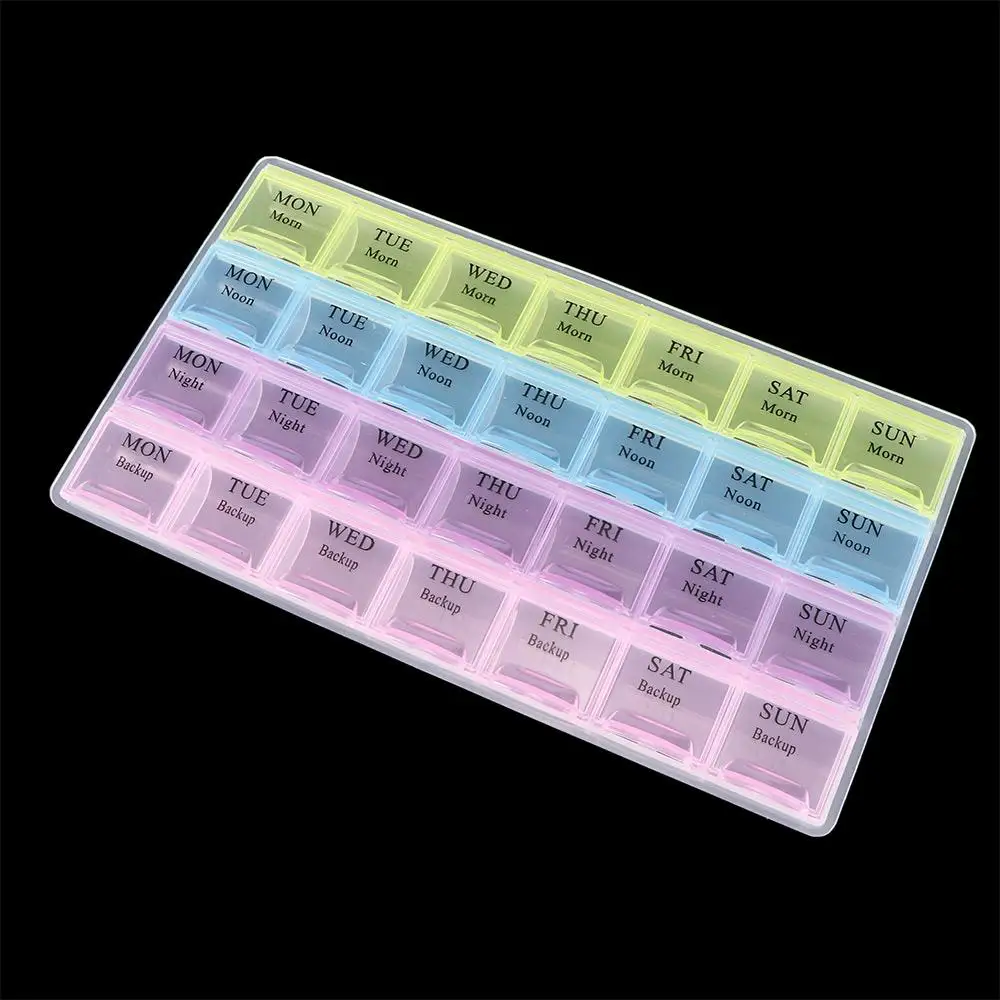 Plastic Drug Case Holder Container 4 Row Weekly 7 Days Medicine Storage 28 Squares Pill Box