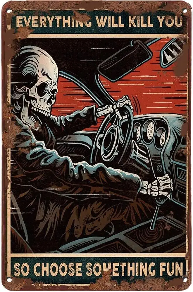 Tin Sign Skeleton Auto Racing Funny Novelty Metal Retro Wall Decor for Home Gate Garden Bars Restaurants Cafes Office Store
