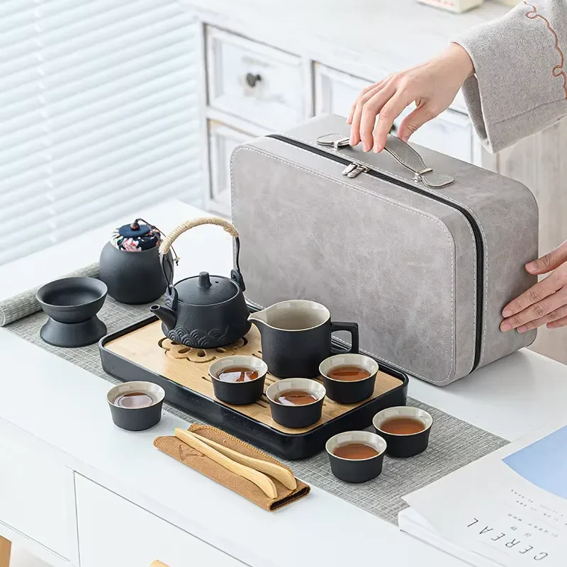 Portable Ceramic Kung Fu Tea Set with Tray for Travel Outdoor Camping Business Gift Customizable Teapot and Cups Wholesale