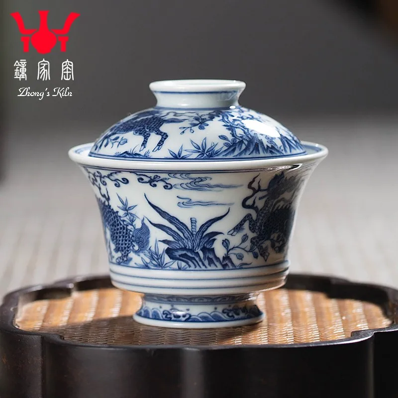 Zhongjia Kiln Cover Teacup Jingdezhen Ercai Bowl Firewood Kiln Blue and White Hand Drawn KIRIN Tea Bowl Kombucha Tea Brewing Bow