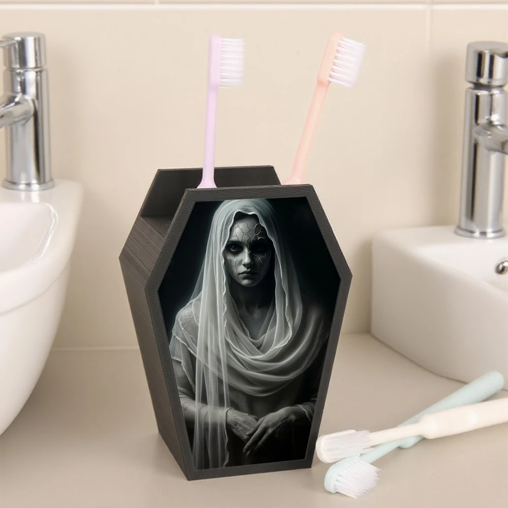 Cross-border Gothic Coffin Shaped Toothbrush Holder With Veiled Ghost Lady Print, Multi-grid Bathroom Vanity Toothpaste Toothbru