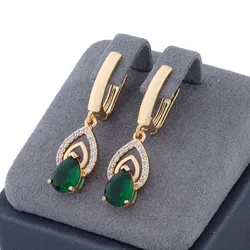 New Trend 2024 Drop Earrings for Women Gold Color With Shiny Green Natural Zircon Accessories Vintage Daily Fashion Jewelry