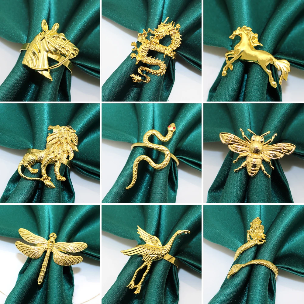 

6Pcs Gold Animal Napkin Ring Bird Horse Dragon Snake Dragonfly Butterfly Napkin Holder for Wedding Xmas Party Dinner Table Decor