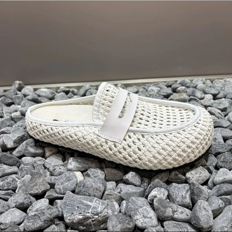 ClaWave Men's Woven Penny Loafer Mules Breathable Hollow Backless Slip On Summer Casual Slippers Size 39-44