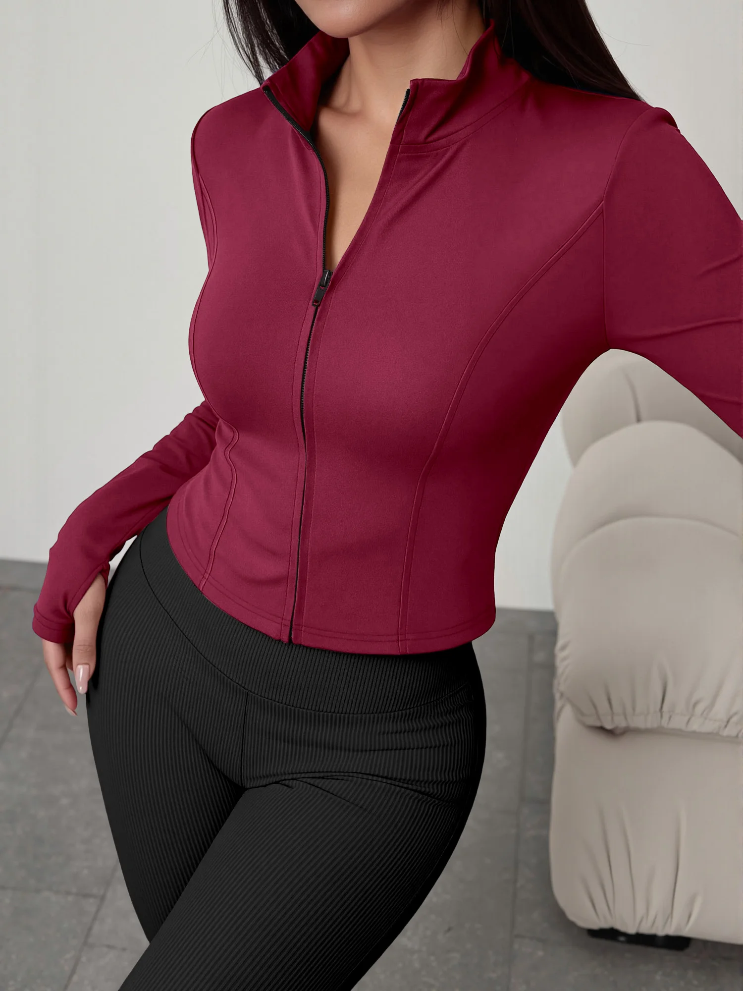 European American Women Ribbed Knit Two Piece Set, Long Sleeve Zip Top With High Waist Flare Pants, Casual Slim Daily Outfit