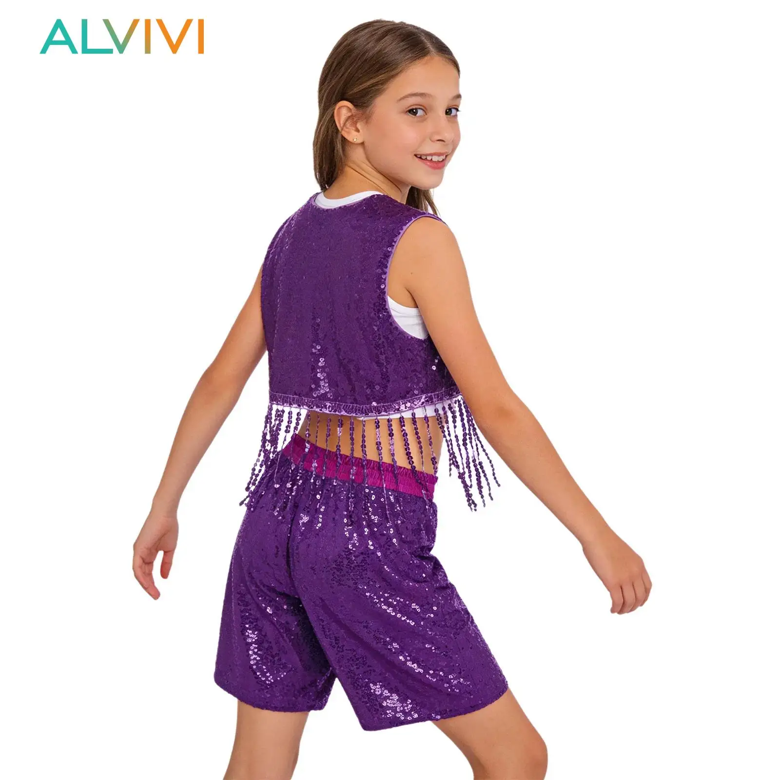 

Детский костюм для джазовых танцев для мальчиков, блестящий наряд в стиле хип-хоп с пайетками, жилет с многослойными бахромчатыми элементами и шорты с карманами