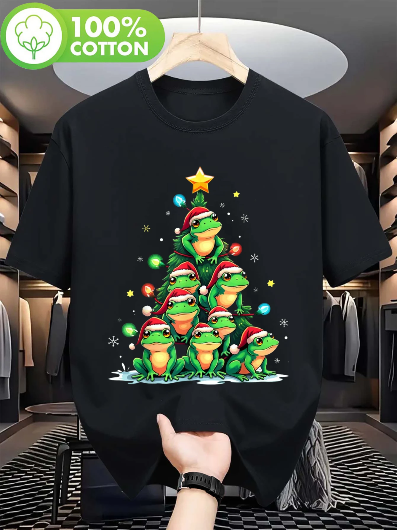 Camiseta de Navidad con diseño de rana para hombre y mujer - Jersey festivo de algodón 100% de gramaje pesado con estampado de rana y copo de nieve, camiseta informal de manga corta con cuello redondo, tallas S-XXL, unisex para regalo de Navidad (ideal para actividades al aire libre, primavera, verano y otoño)