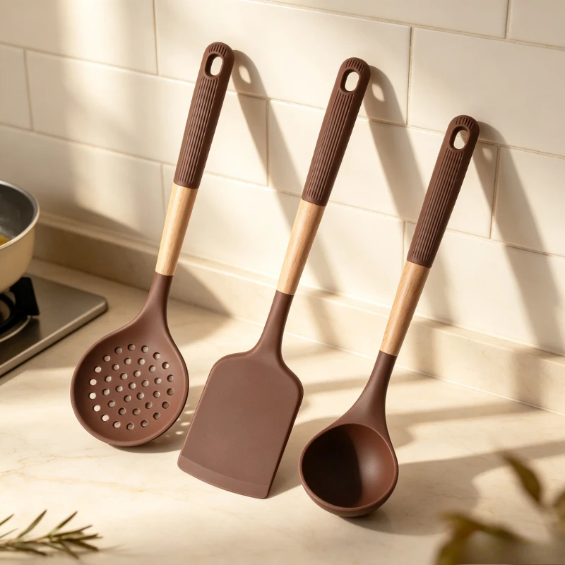 3Pcs Kitchen Utensil Set Wooden Handle Spatula Soup Slotted Spoon Kit Cooking Tools for Non-stick Pan Household Use