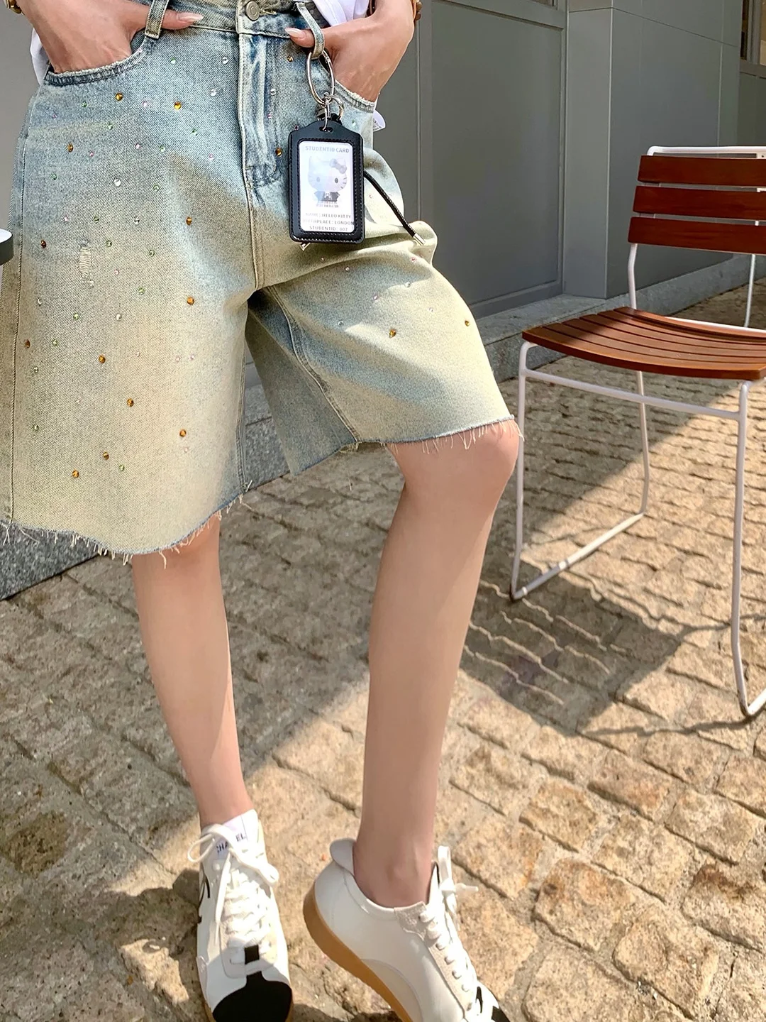 

Xueke Rhinestone Washed Five-Quarter Denim Jeans Women's Casual Spring Summer New Style Kitty Sweet Leisure Versatil...