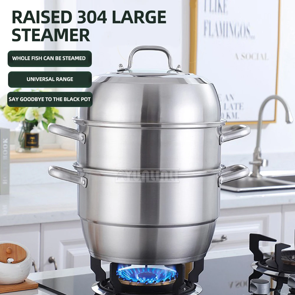 Stainless Steel Food Steamer Pot Double Layers Boiler Large Capacity Steaming Fish Pot for Induction Cooker Gas Stove