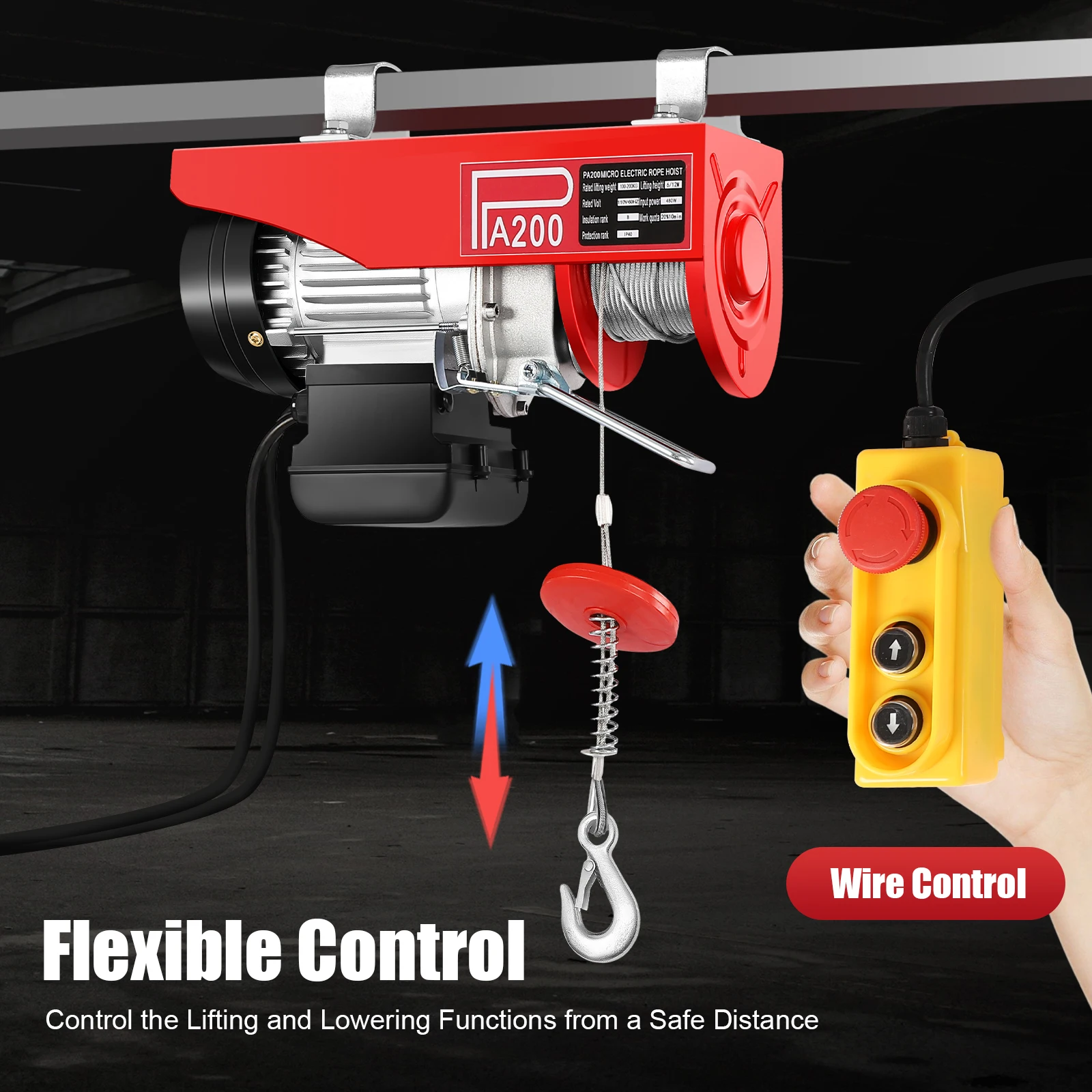 Polipasto eléctrico de 110 V, cabrestante eléctrico de 440 lb, máquina de elevación eléctrica, con control remoto y eslingas individuales/dobles, para elevación de fábrica