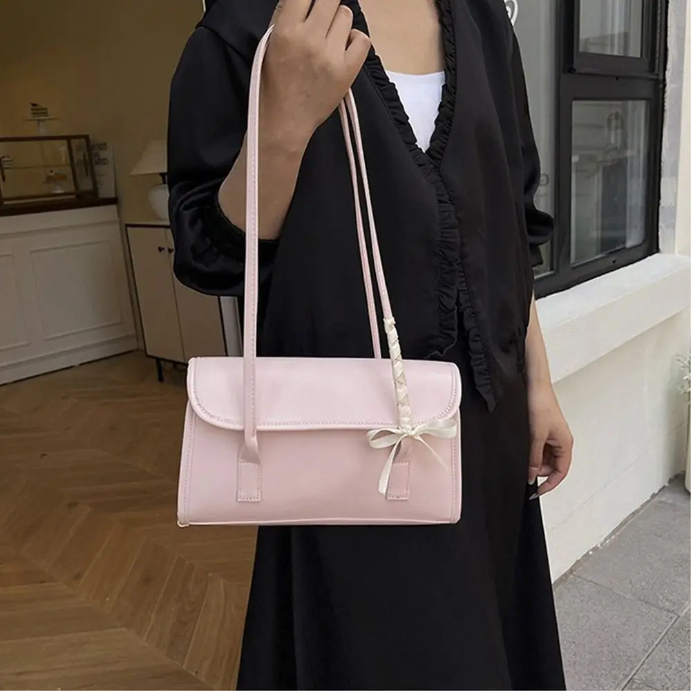 Portable Solid Color Bow Ribbons Shoulder Bag Leisure Y2k Large Capacity Underarm Bag Pu Leather Sweet Women's Handbag Popular