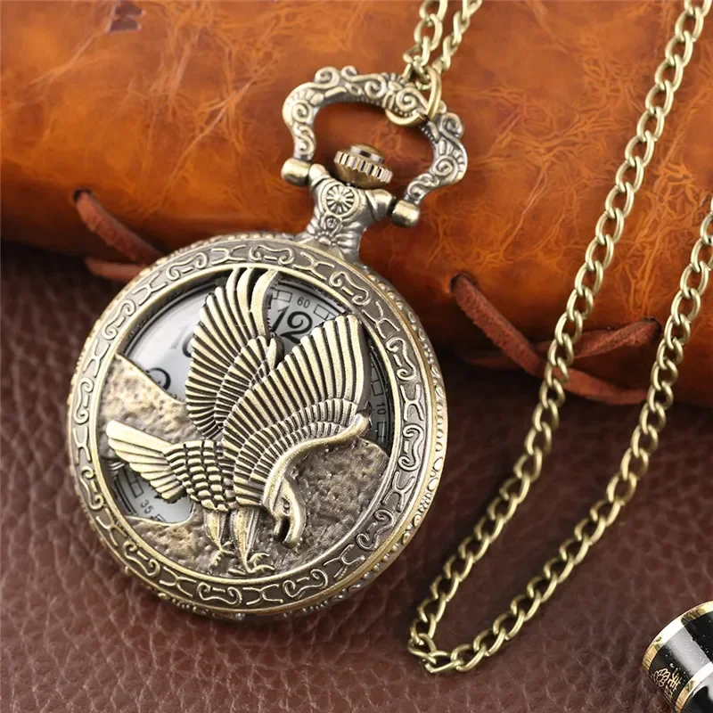 Antique Half Hunter Pocket Watch Hollow Out Eagle Hawk Wing Bronze Quartz Watches Necklace Chain Clock for Men Women Kid Gift