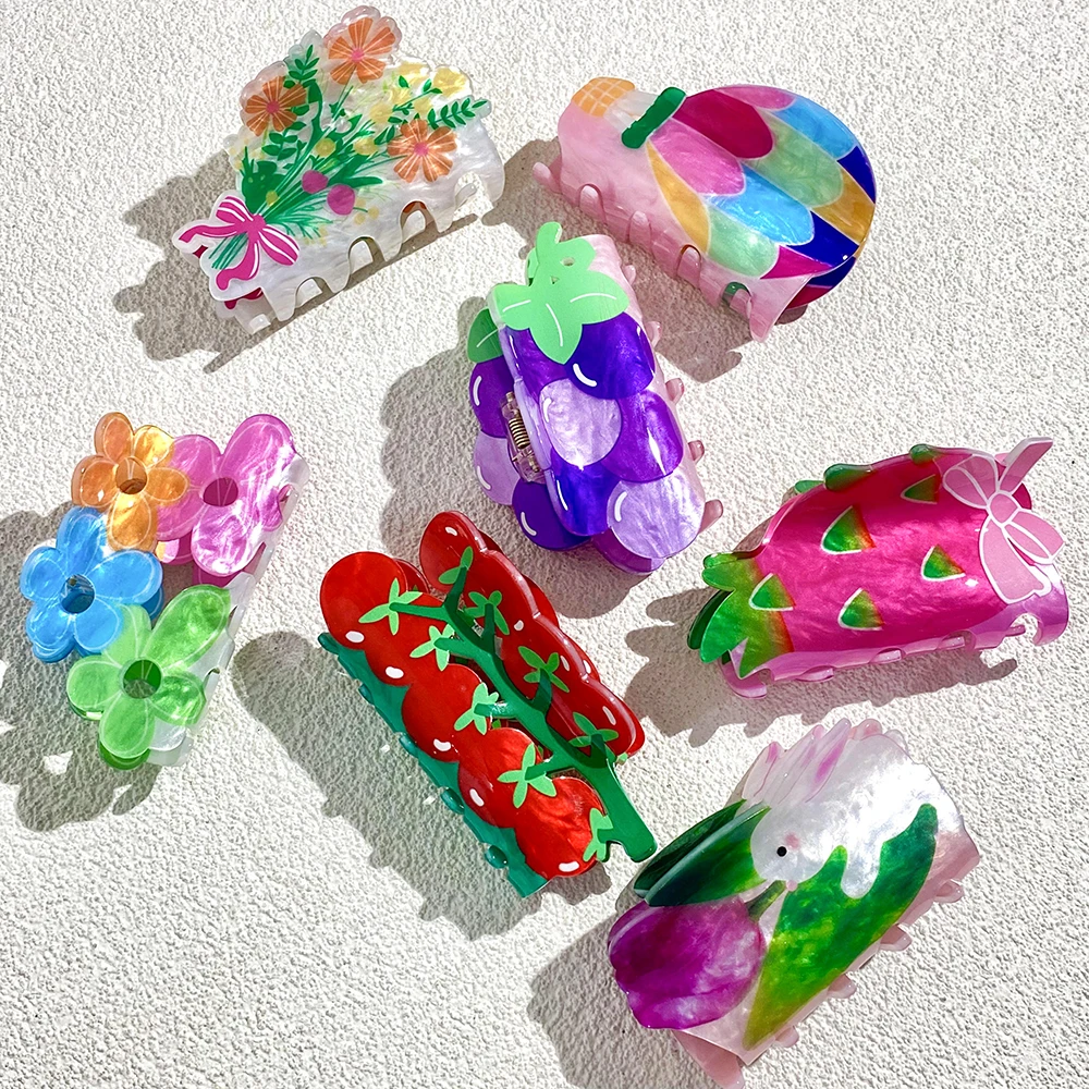 Colorful Flower Grape Rabbit Printed Big Hair Clip Claw For Women Y2K New Graffiti Acrylic Geometric Hairpin Hair Accessories