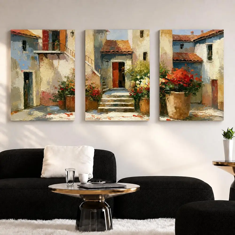 Tuscan Courtyard Floral Framed Wall Painting Ready to Hang Canvas Poster for Bedroom Living Room Hallway Home Decor Gift