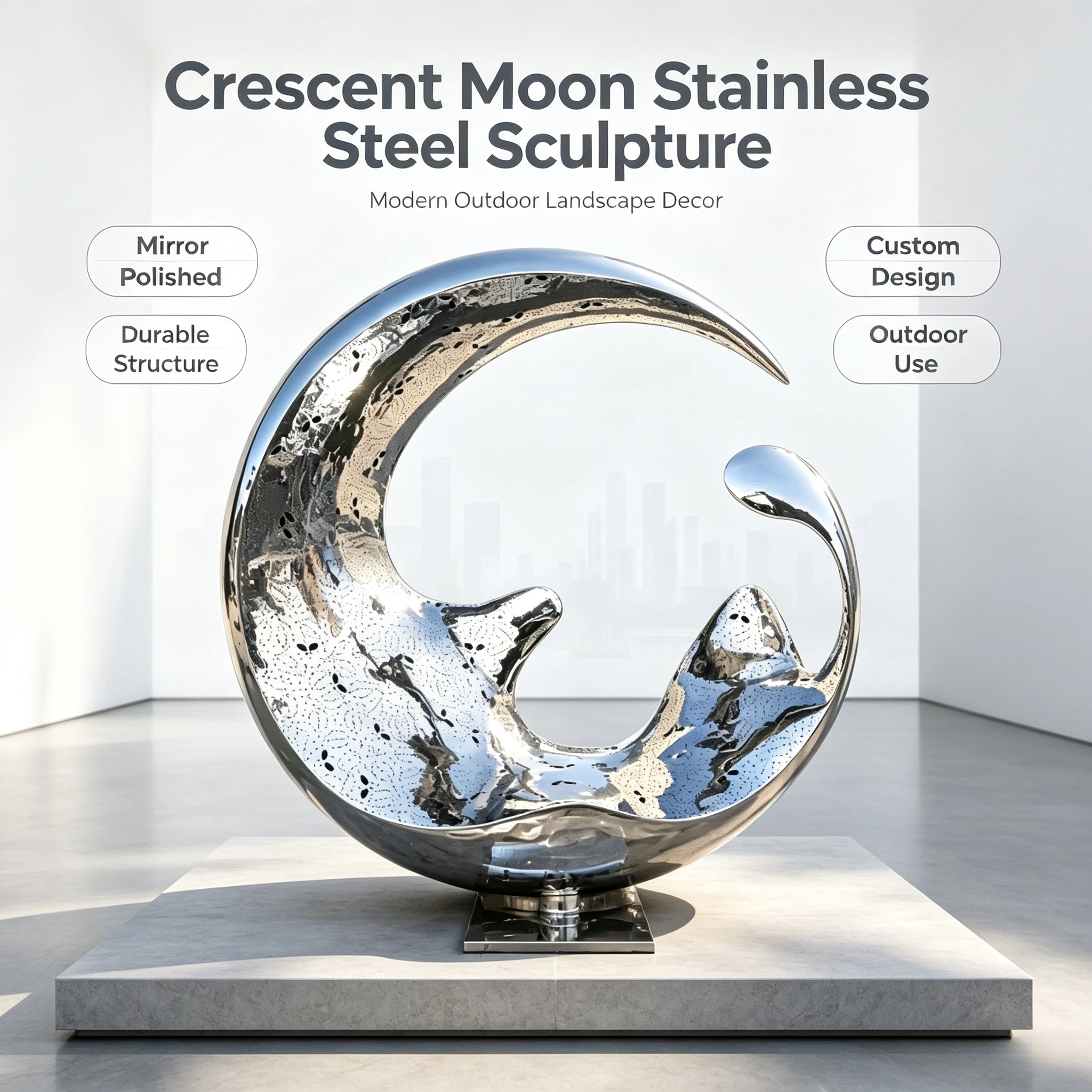 Mirror Polished Wave Crescent Stainless Steel Abstract Sculpture Custom Size With Base For Hotel Garden Public Square Landscape