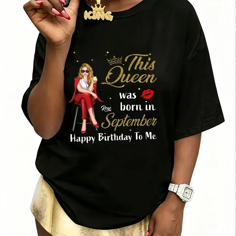 A September Queen Birthday Theme Women's 100% Cotton T-Shirt Short Sleeve Top Casual Round Neck Fun Print Tee S-5Xl