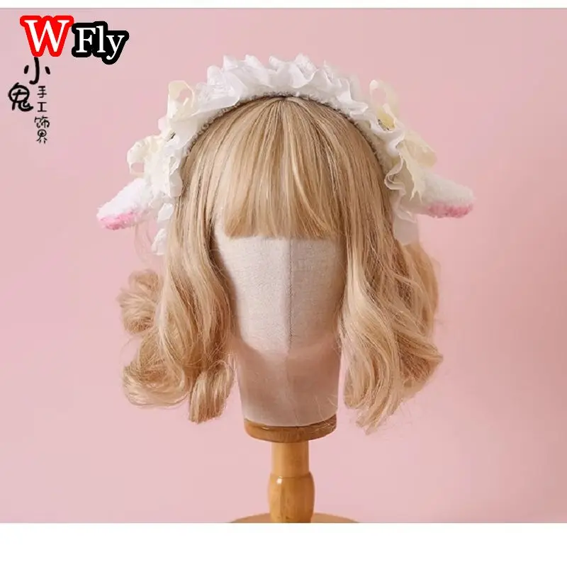 Women's Harajuku Steampunk Headband Y2K Sweet Cute Little Sheep Ear Hair Clip Plush Lolita Furry Spicy Girls Gothic HairBands