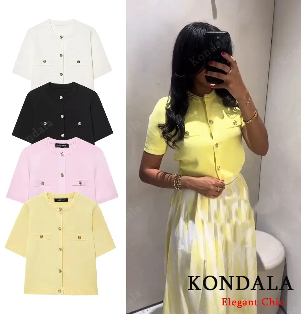 KONDALA Elegant Lady Buttons Cardigan Short Sleeve O-Neck Slim Cardigan 2025 Autumn Fashion High Street Holidays Casual Cardigan
