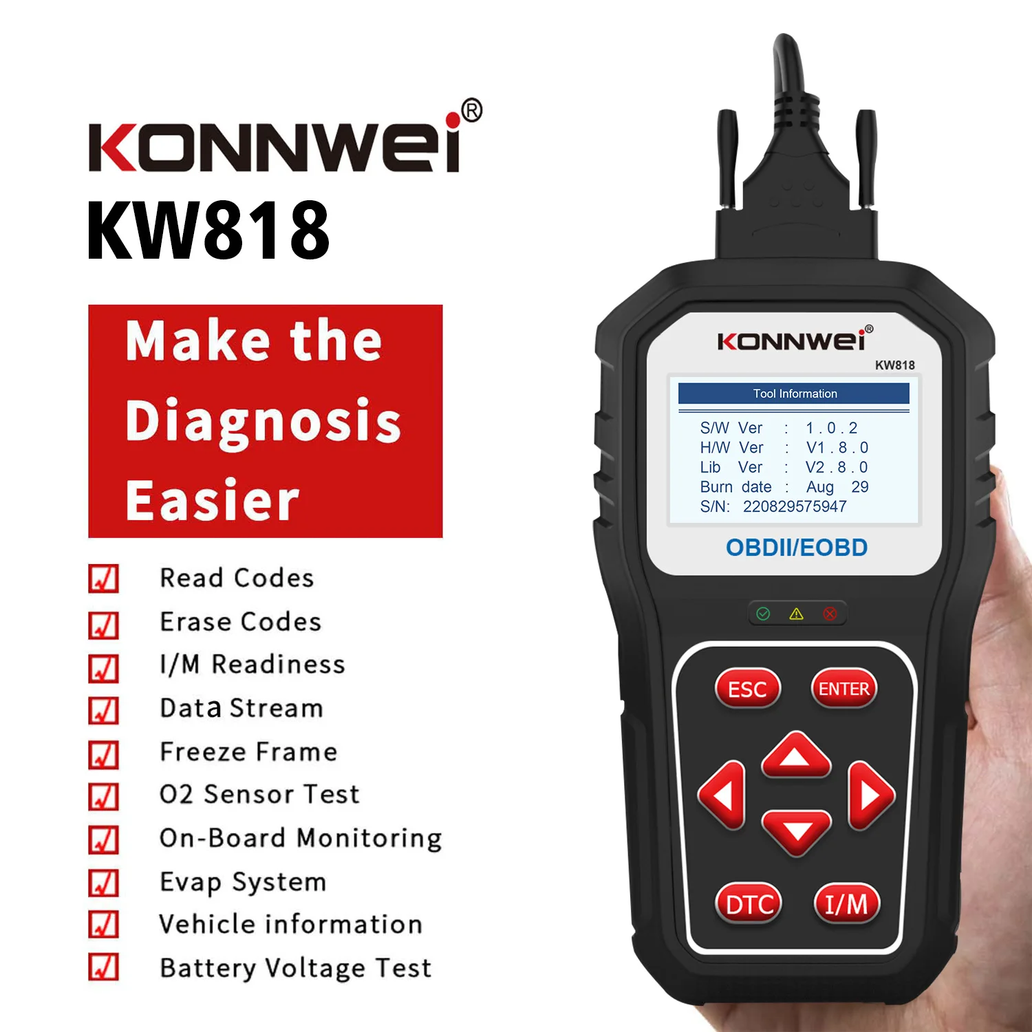 

KONNWEI KW808 OBD 2 Car Scanner OBD2 Auto Automotive Diagnostic Scanner Tool Engine Fualt Code Reader Odb Tools for Cars