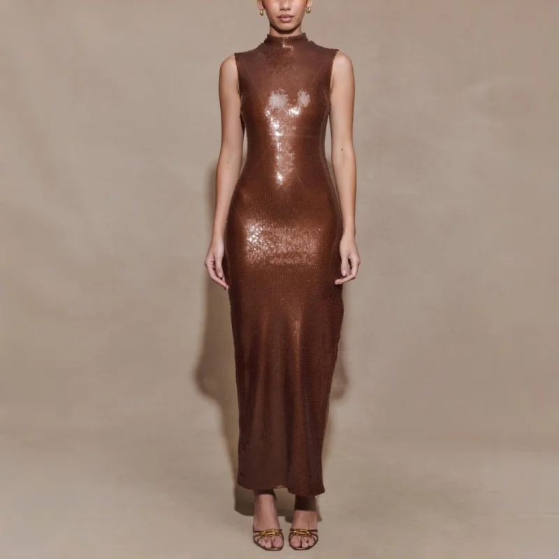 

Sequin High Neck Sleeveless Prom Dress Side Slit Midi Maxi Dress Women's Formal Evening Gowns For Party Prom