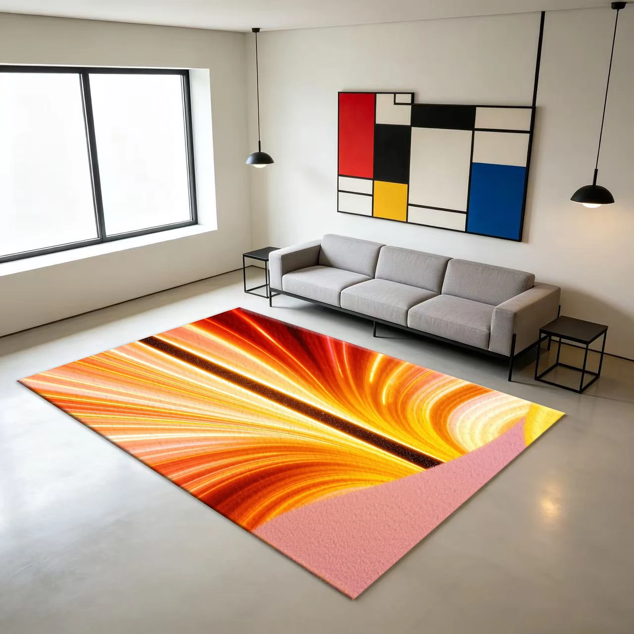 Warm Orange Light-Speed Wave Pattern Abstract Carpet Floor Dynamic Neon Stripe Non-Slip Floor Carpet Suitable for Home Use