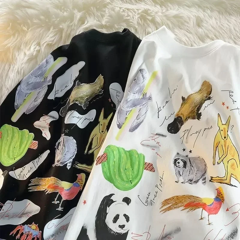 American Vintage Cartoon Funny Small Animal Print Short Sleeve T-shirt for Men and Women Summer Loose Versatile Half Sleeve Top