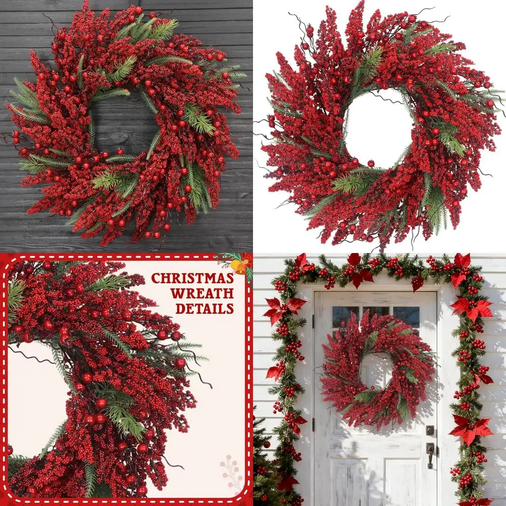 

24-Inch Red Berry Pine Needle Wreath for Door, Fireplace, and Wall - Perfect Indoor/Outdoor Holiday Decor