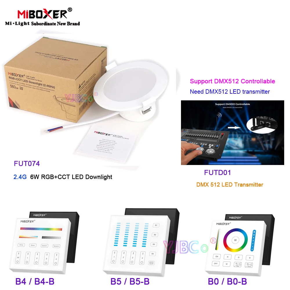 

Miboxer 2.4G 6W RGB+CCT LED Downlight Dimmable DMX512/4-Zone Panel Remote/2.4GHz Gateway control 110V 220V AC RGB Ceiling Light