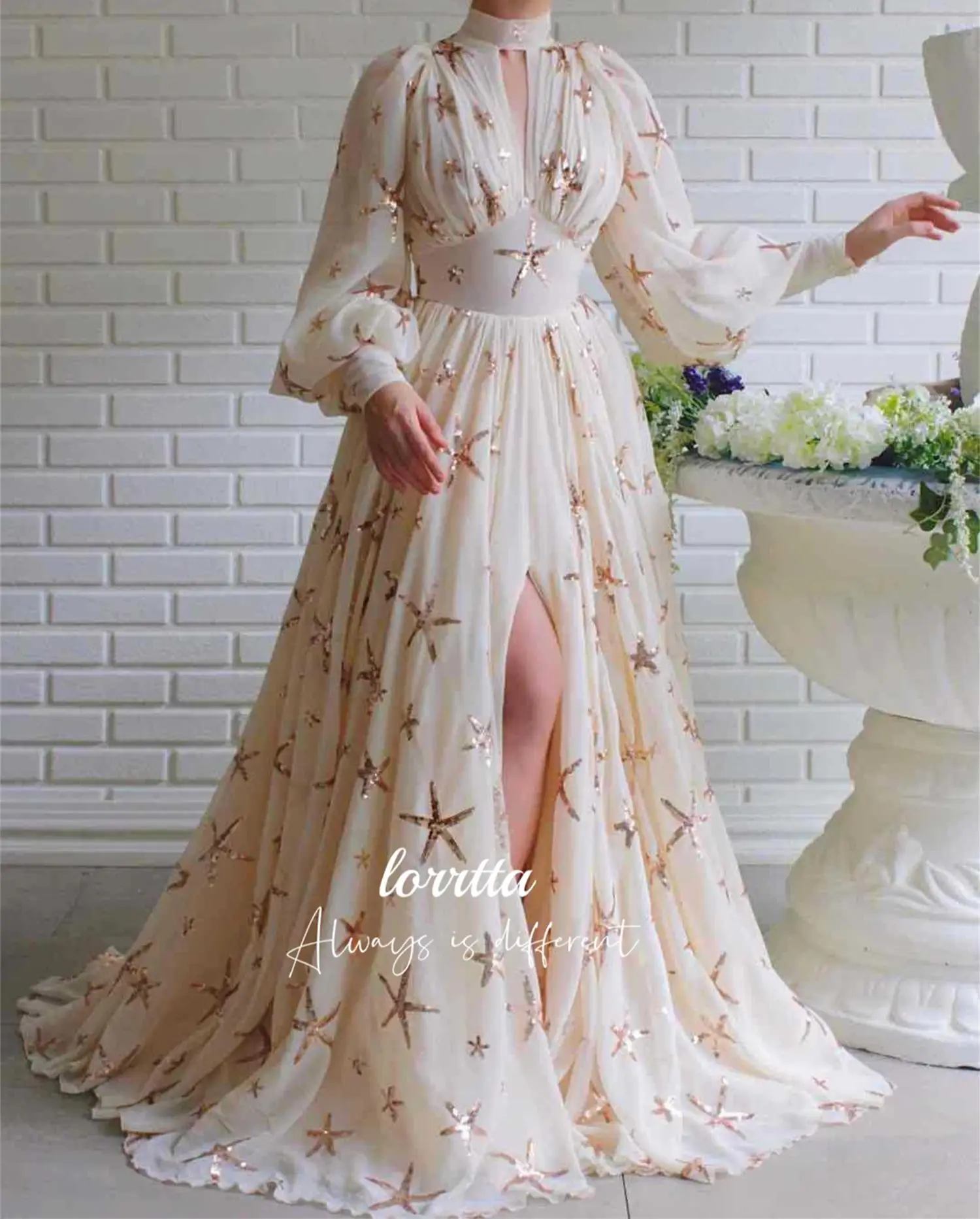 Vestido de noite de casamento feminino estrela tecido festa mangas compridas linha um robe soiree de luxe personalizado casamentos vestidos de baile de gala