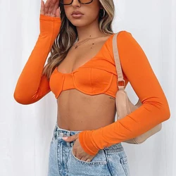 Fashion New Women Sexy Crop Tops Solid Color Low Cut Long Sleeve T-Shirt Showing Belly Button Clubwear Skin Friendly S M L