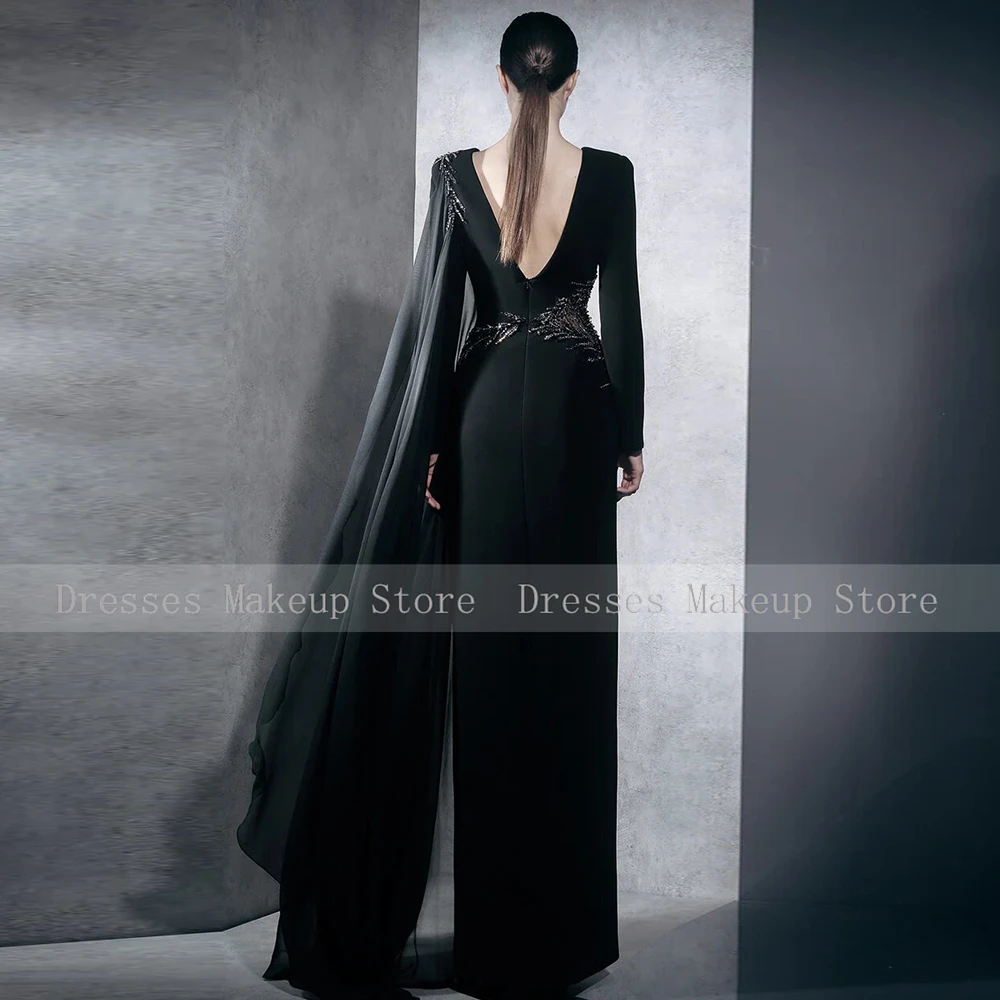 Evening Dress Elegant Black Satin Beading Draped Front Fork Long Beaded Evening Gowns Straight O-Neck Women's Evening Gowns