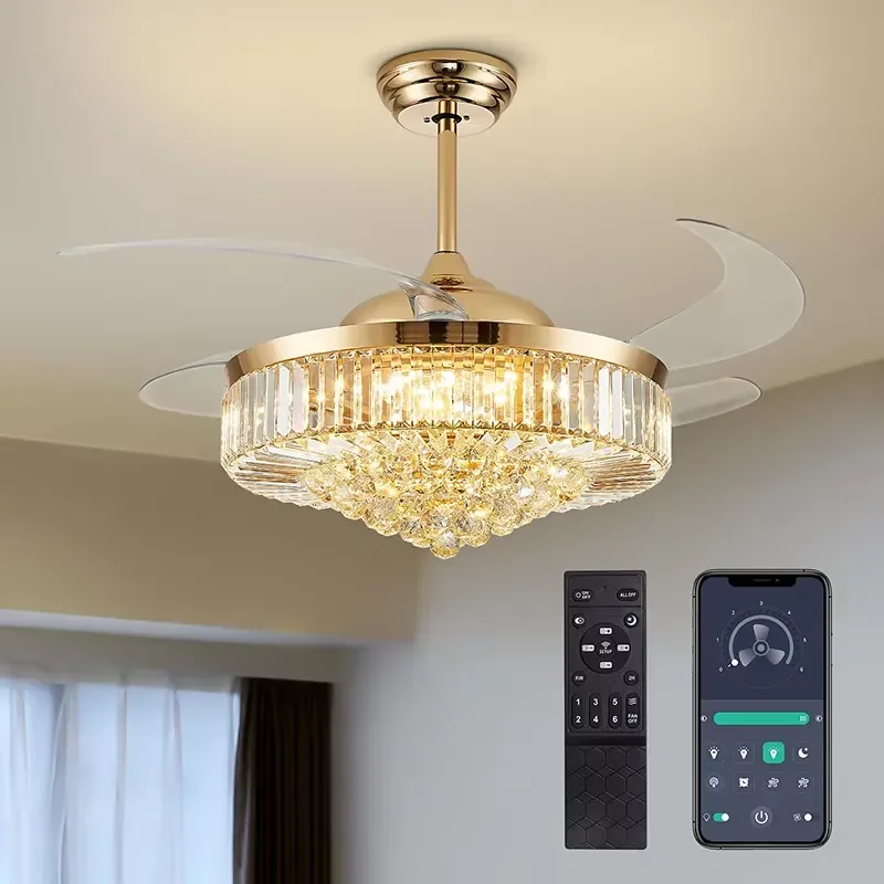 Modern Luxury Crystal Golden Retractable Ceiling Fan with LED Light and Remote Control 42-Inch Blades AC Motor for Hotels