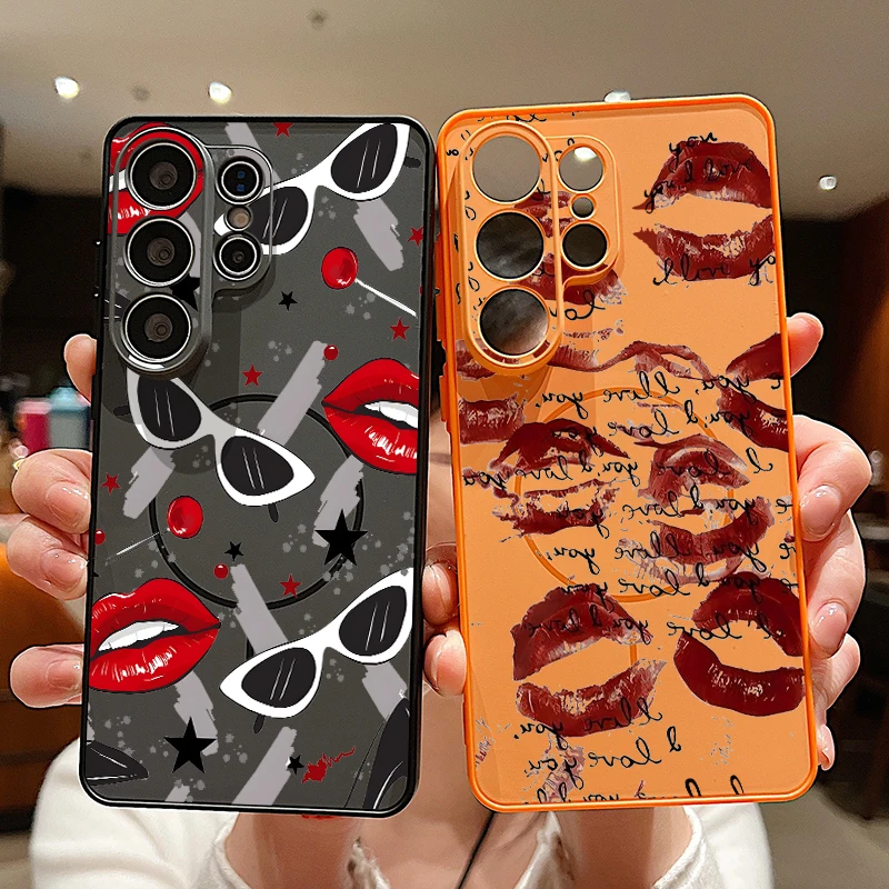 Magnetische Handyhülle mit rotem Lippen-Kuss-Muster für Samsung Galaxy S26 S25 S24 S23 Ultra S25 FE A57 A56 A37 A17 A55 A26 A36 A16 Cover