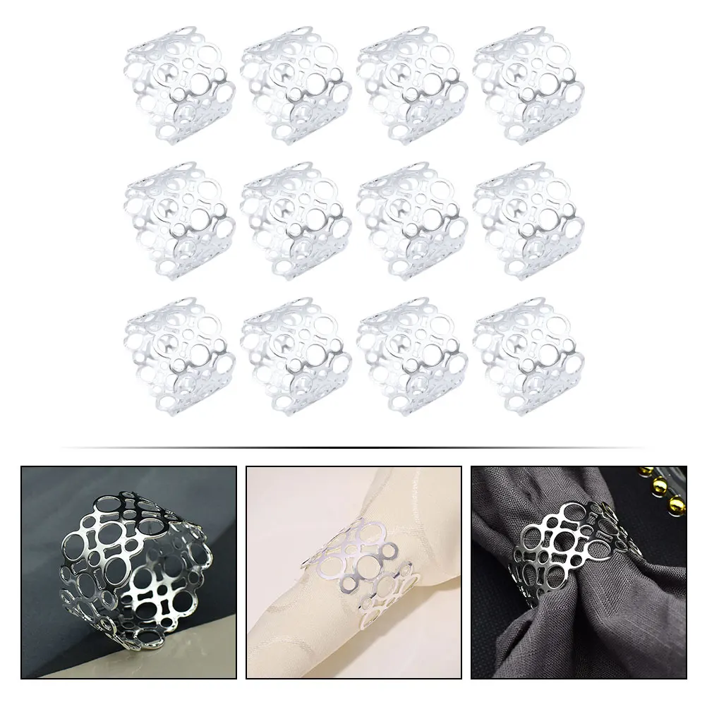 

12pcs Silver Hollow Circle Design Reusable Stainless Steel Dining Napkin Ring Holder Serviette Ring Decor Banquet Party