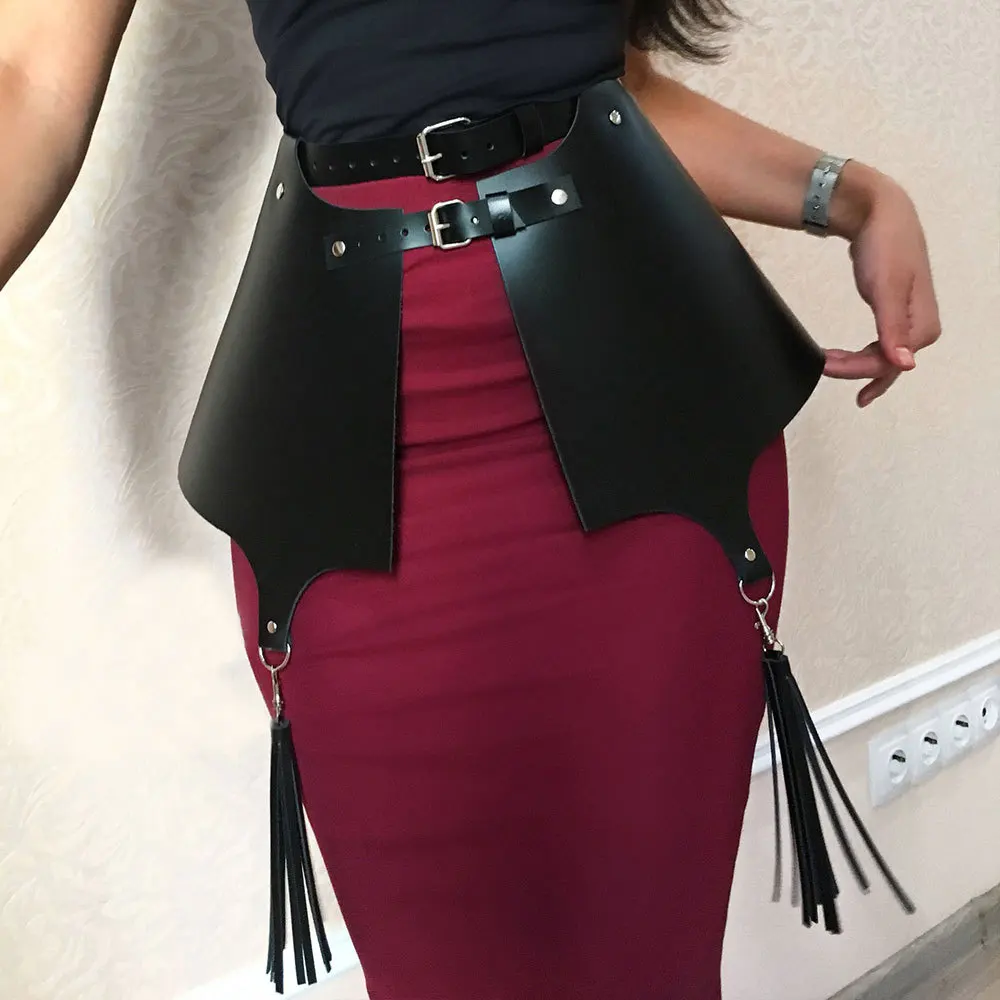 Erotic Punk-Style Leather Waist Skirt with Fringe for Nightclub Parties and Performances
