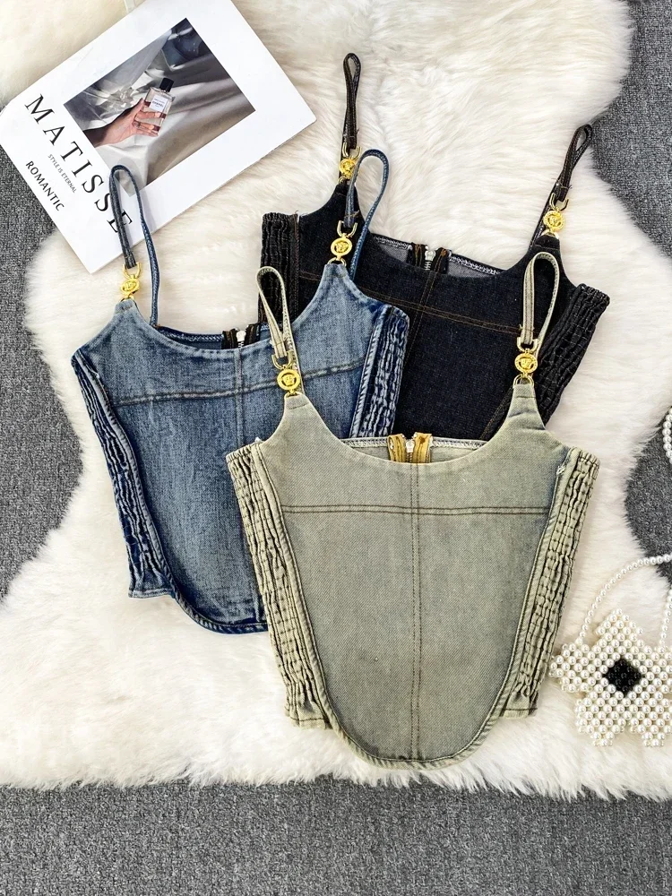

2025 Summer New Hong Kong Style Sexy Bodycon Denim Camisole Splicing Contrasting Color Sling Vest Y2k Punk Casual Sling Vest