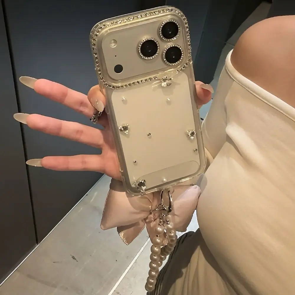 

Luxury Rhinestone Bow Phone Case for iPhone 17 15 14 Pro Max 13 12 11 with Pearl Chain, Bling Glitter Clear Soft Cover for 17 e