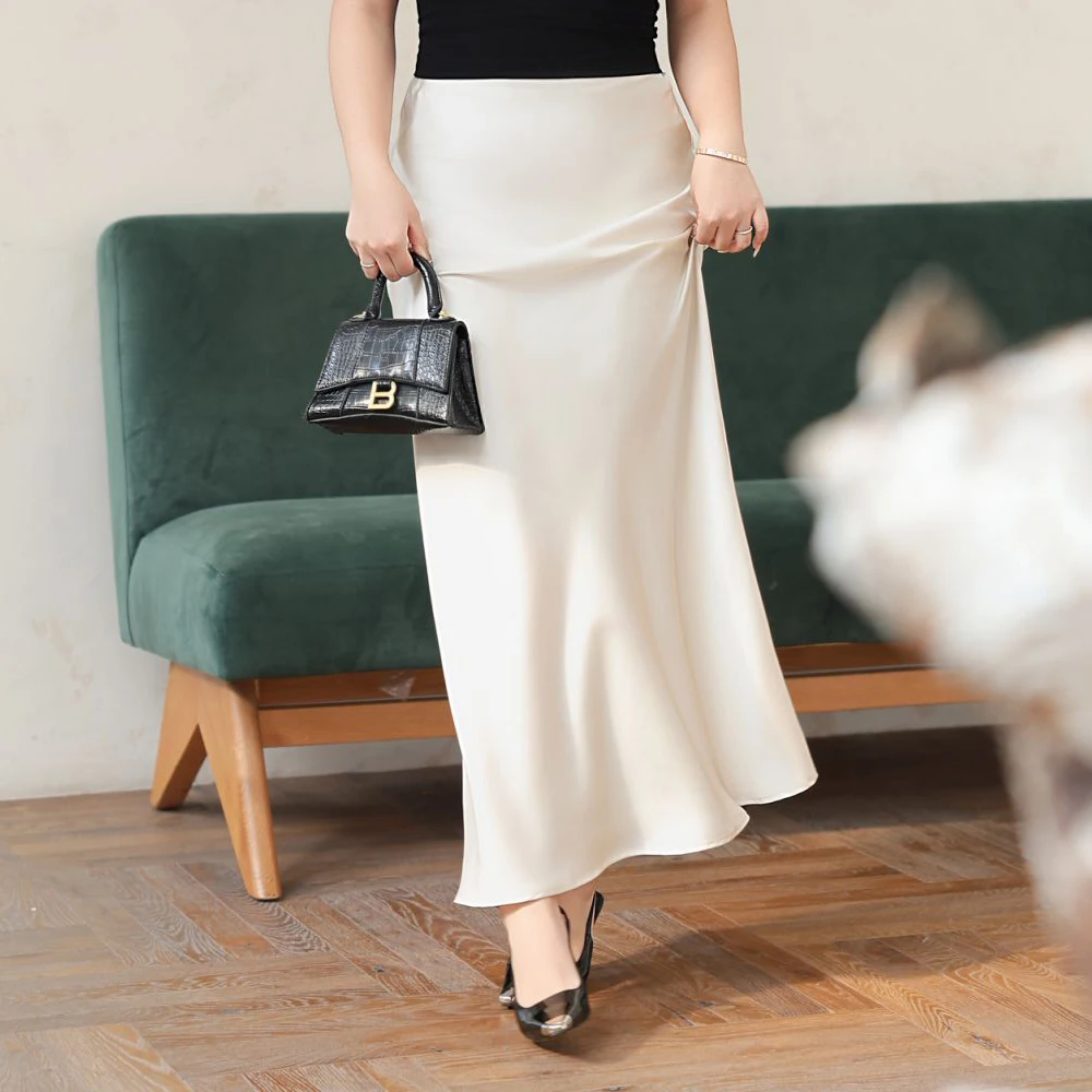 

Matte Double-Sided Acetate Bias-Cut Mermaid Maxi Skirt Plus Size French Chic Autumn Summer Premium Women's Bottoms