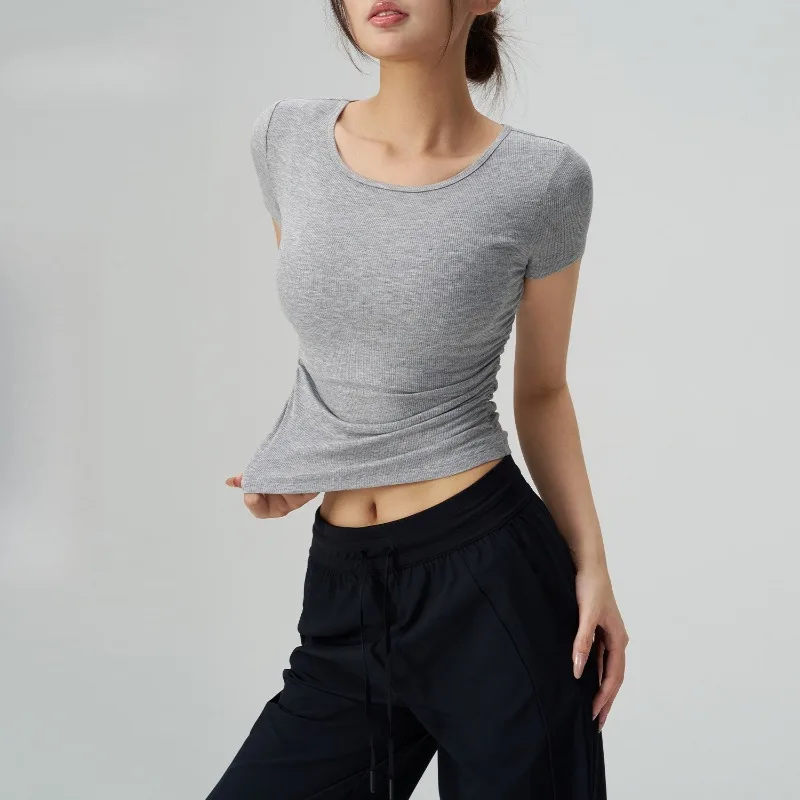 Camicetta attillata estiva Tuta da yoga Spalla frontale Vita Manica corta T-shirt sportiva da donna Tuta da fitness da corsa