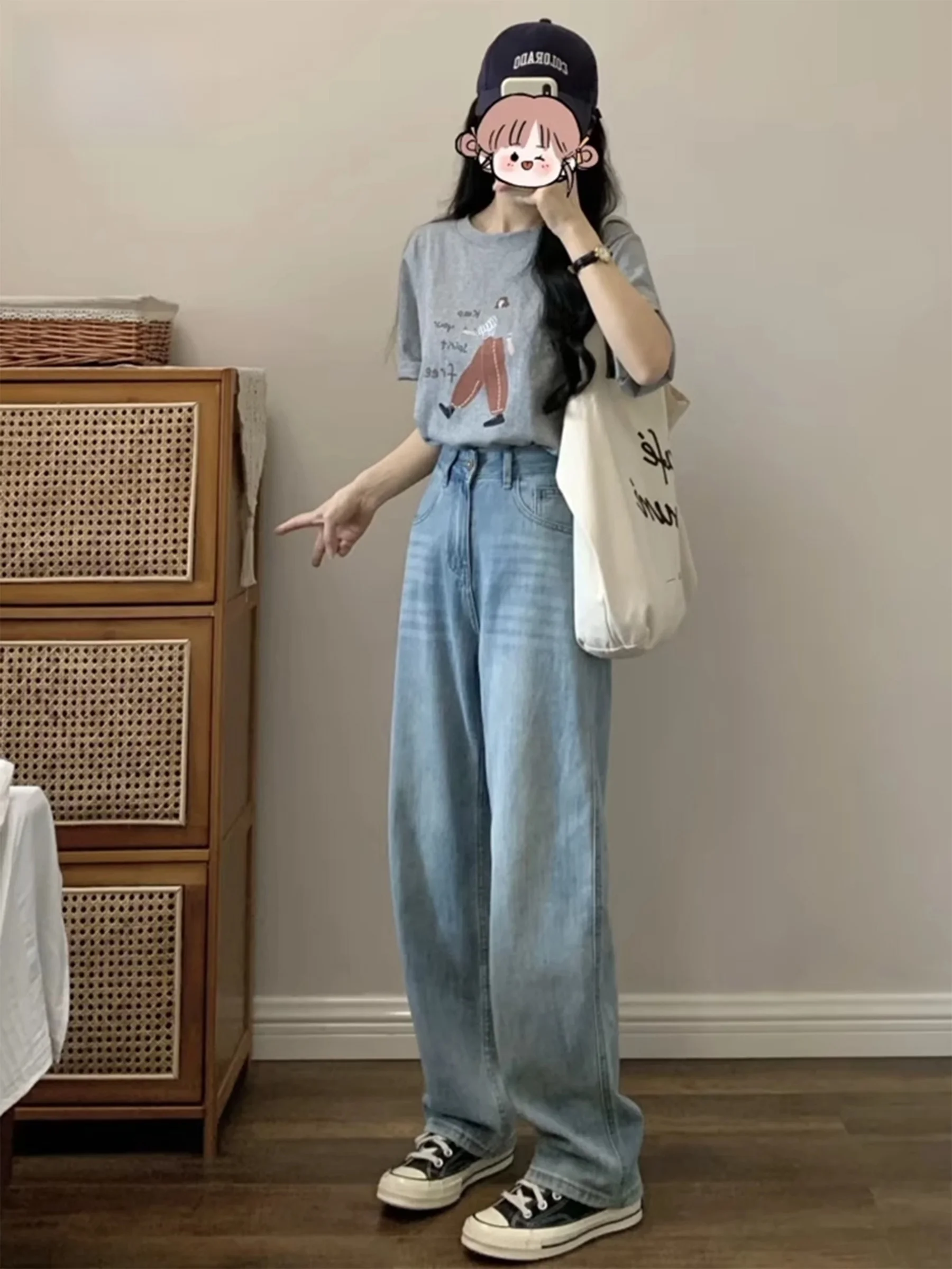 

Light Blue Vintage Washed Lyocell Wide Leg Jeans Women's Summer Thin Loose Slimming Floor-Length Pants Casual High Waist